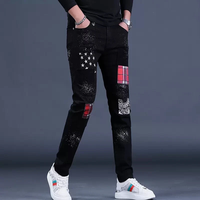 Autumn Black Ripped Patch Jeans Men Streetwear Plaid Patchwork Pants Fashion Star Printed Casual Stretch Slim Fit Denim Trousers