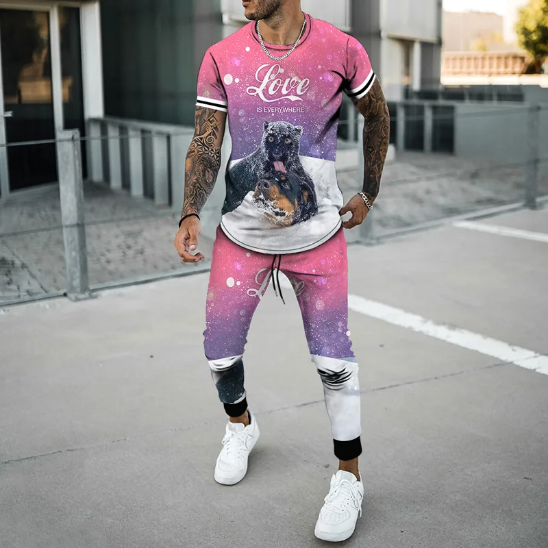 Summer New 3D Printed Funny Animal Breathable Oversized Unisex O Neck T-Shirt Suit Harajuku Streetwear Men Women Trousers Set