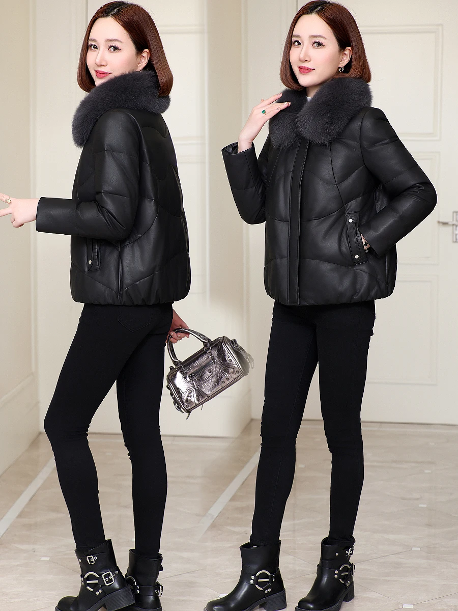 Женский пуховик из натуральной кожи новинка зимы 2024 модное пальто овечьей для