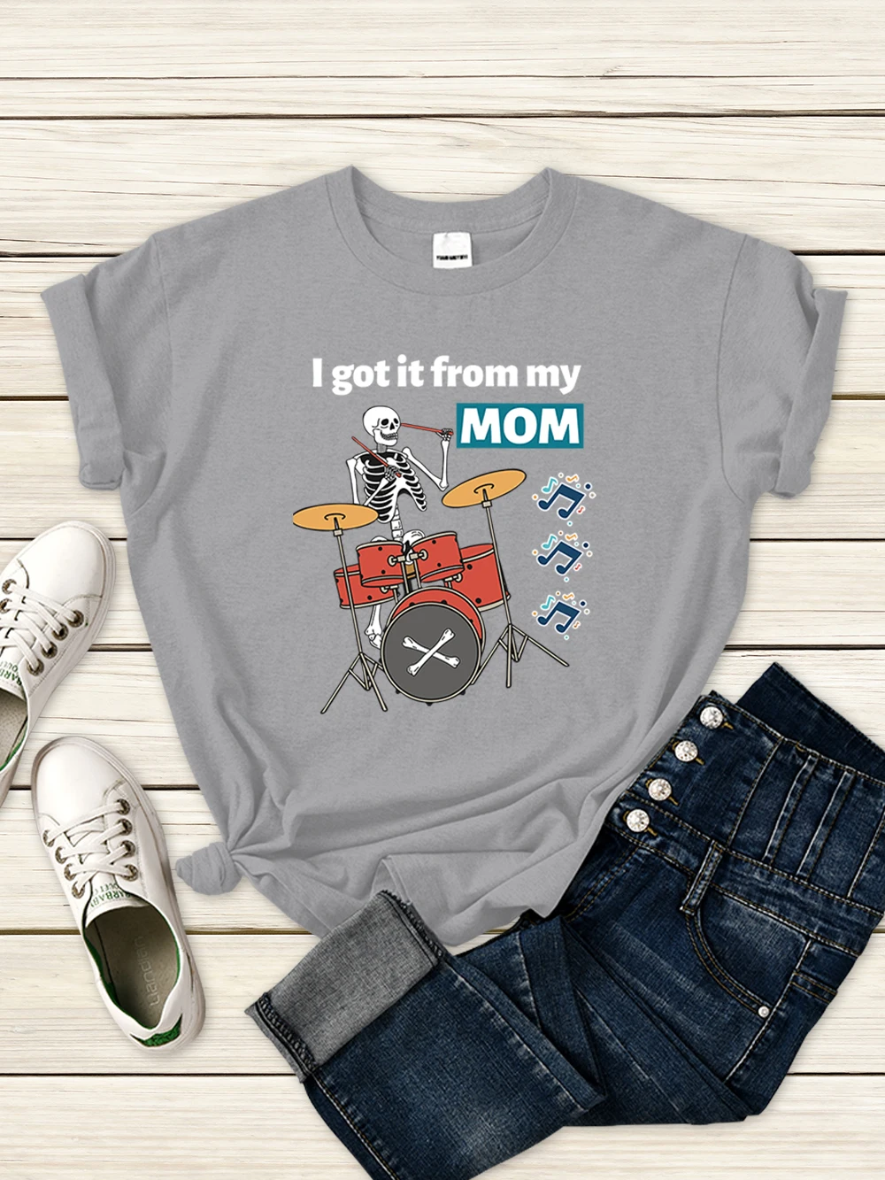 

I Got It From My Mom Skeleton Playing Drums Female Tshirt Summer Basic T Shirt Casual Simplicity Clothes Kawaii Harajuku Tops