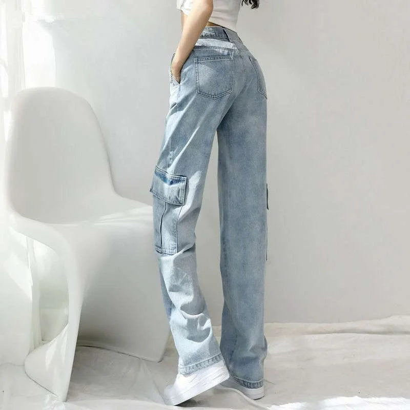 Blue All-match Jeans Woman Casual High Waisted Straight Slim Vintage Wide Leg Denim Pants with Pocket Cargo Pants Office Lady