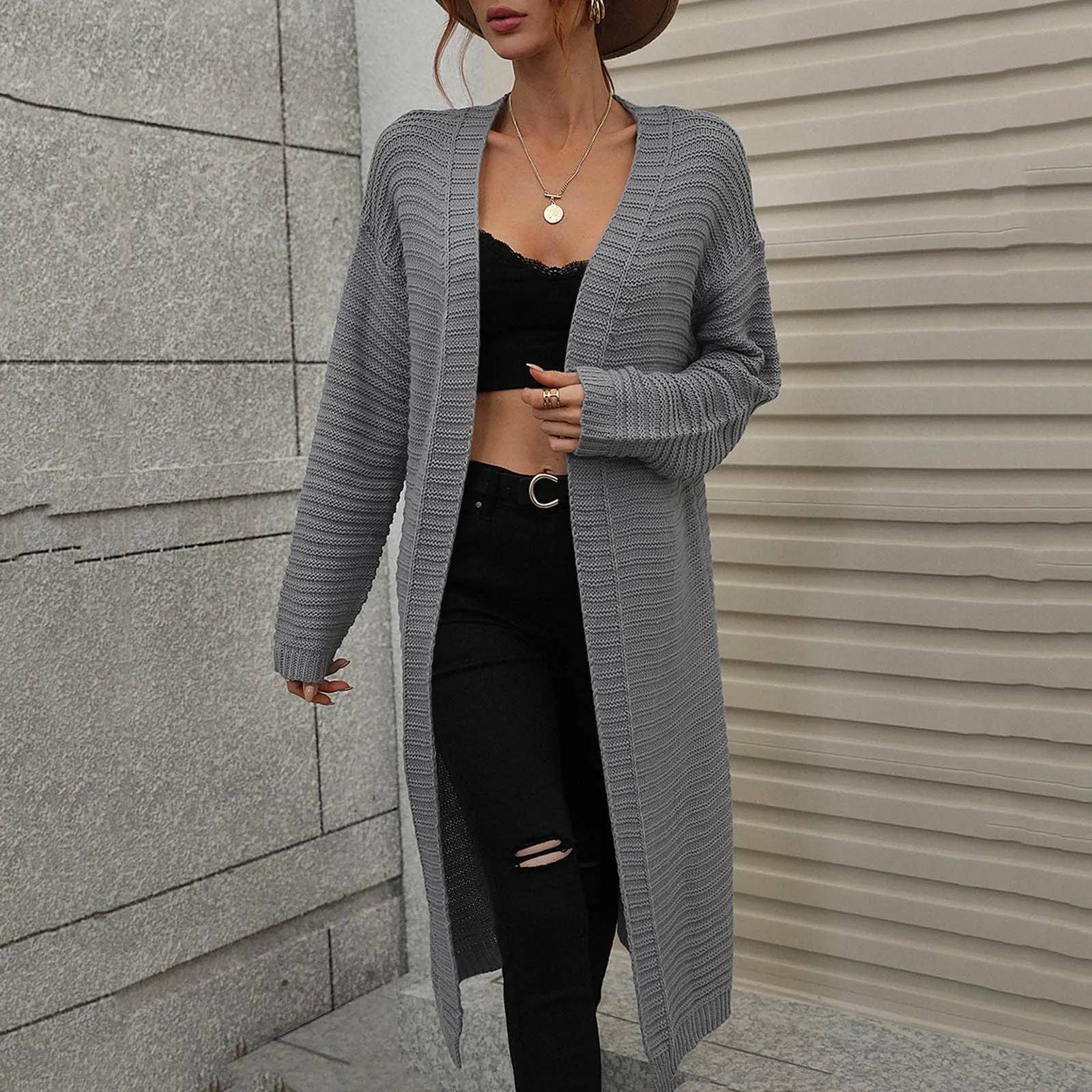 

Women Casual Solid Twist Crochet Sweater Cardigan Loose Long Sleeve Long Coat Open Front Cardigan Knit
