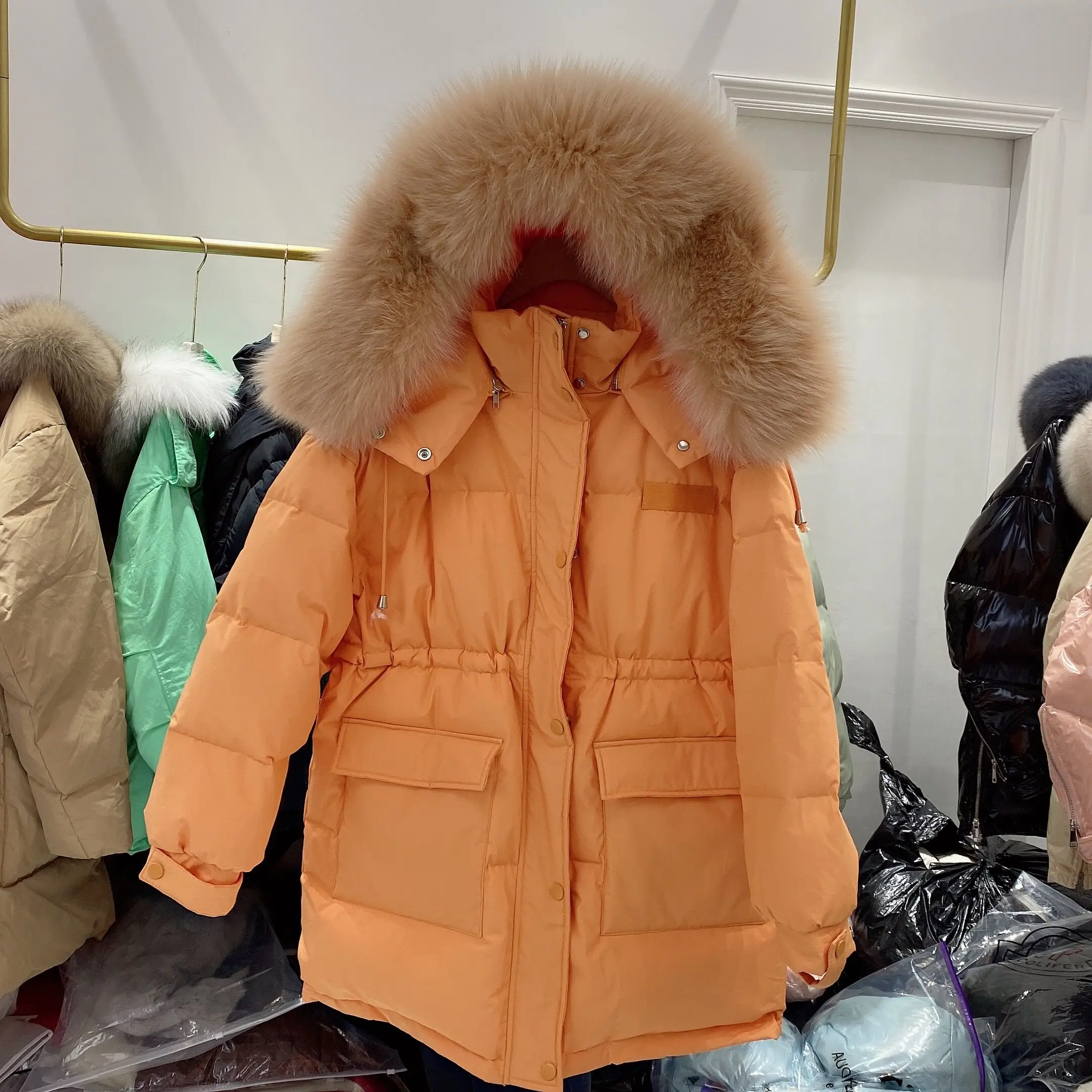 2022 Women Winter Duck Down Coat with Large Real Fox Fur Hood Puff Parkas High Street Cloth Outerwear Loose Thick Warm Oversized