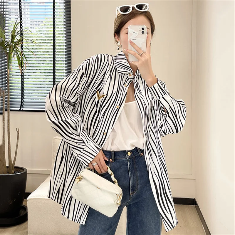Fashion Woman Blouses 2022 Autumn New in Black And White Striped Cotton Shirt Satin Big Name Long Sleeve Top Free Delivery Traf