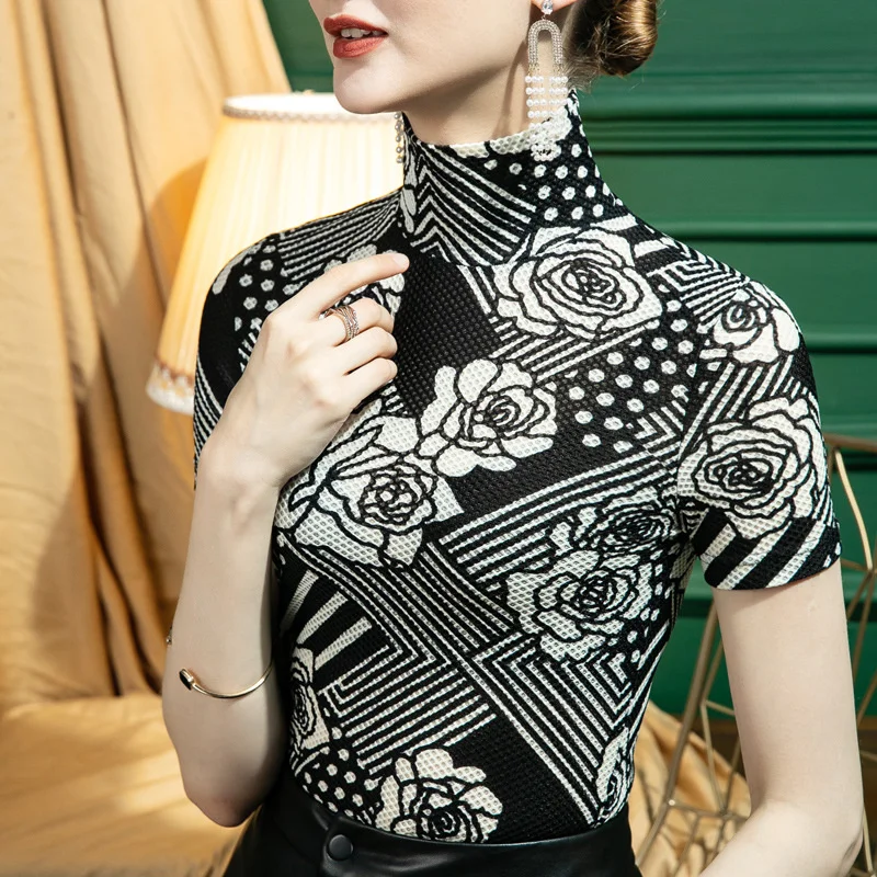 

#5131 Printed Basic Top Ladies Vintage Spring Autumn Short Sleeve Turtleneck T Shirts Women Cotton Lace Slim Tshirt Female Tight