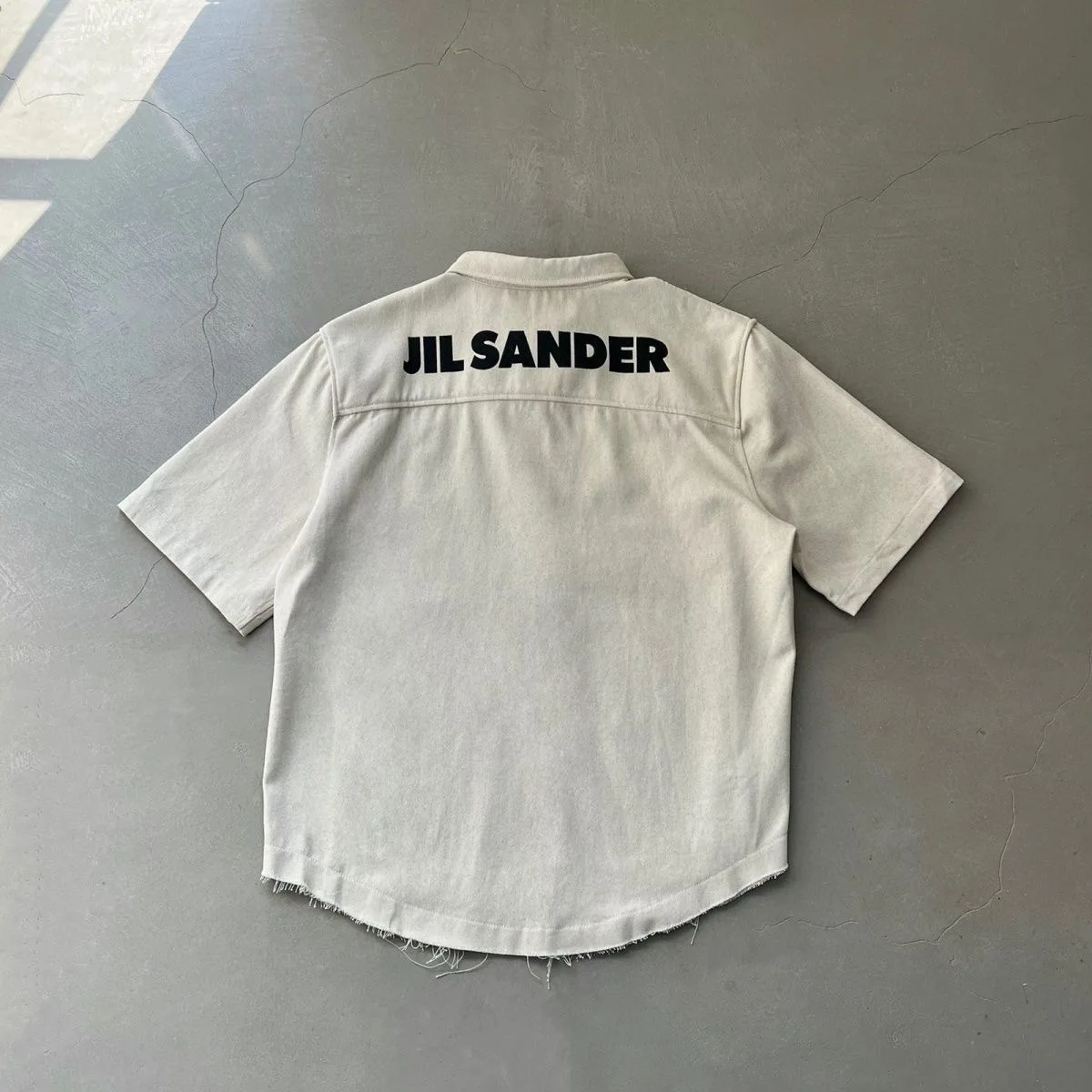 

All-match simple Jils Sanders letter print hem destroying wind linen cotton canvas half-sleeved shirt for men and women couples