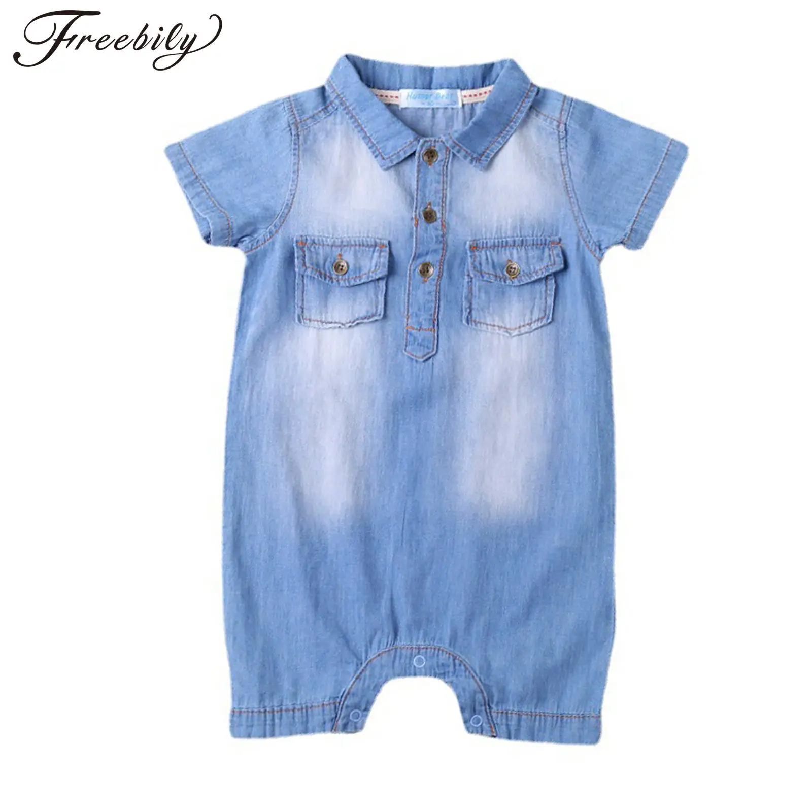 

Infant Baby Boys Girls Unisex Denim Bodysuit Short Sleeve Turndown Collar Button Closure Pockets Decor for Kid Daily Casual Wear