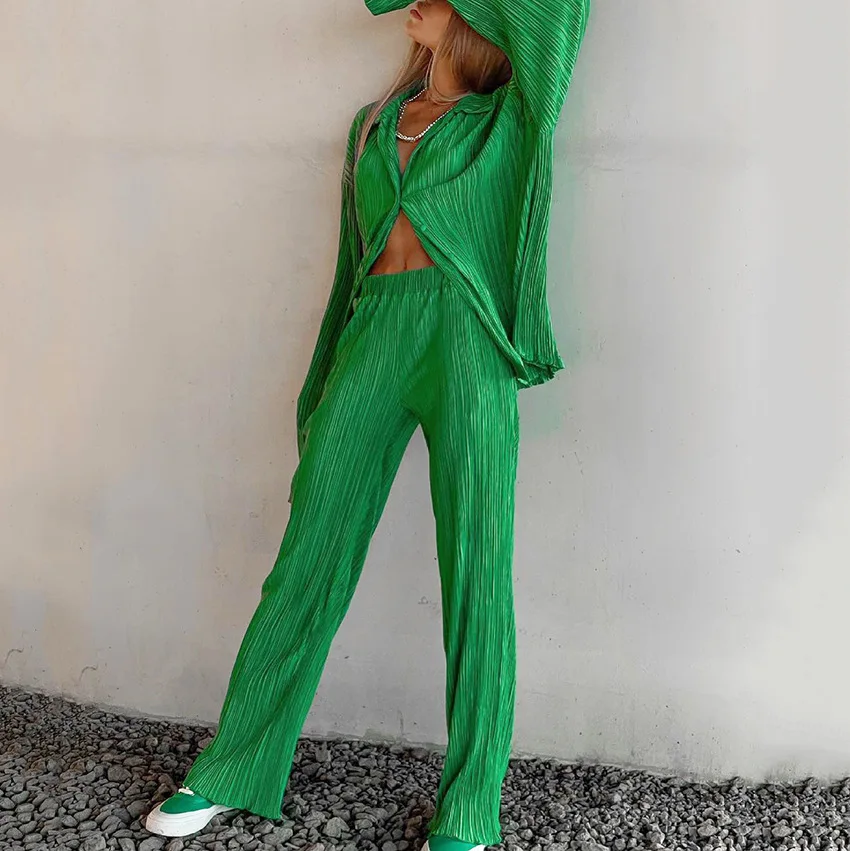 

Women Pants Sets Summer Linen Lapel Long Sleeve Two Pieces Set Vintage Solid Button Blouse and Loose Straight Pants Casual Suits