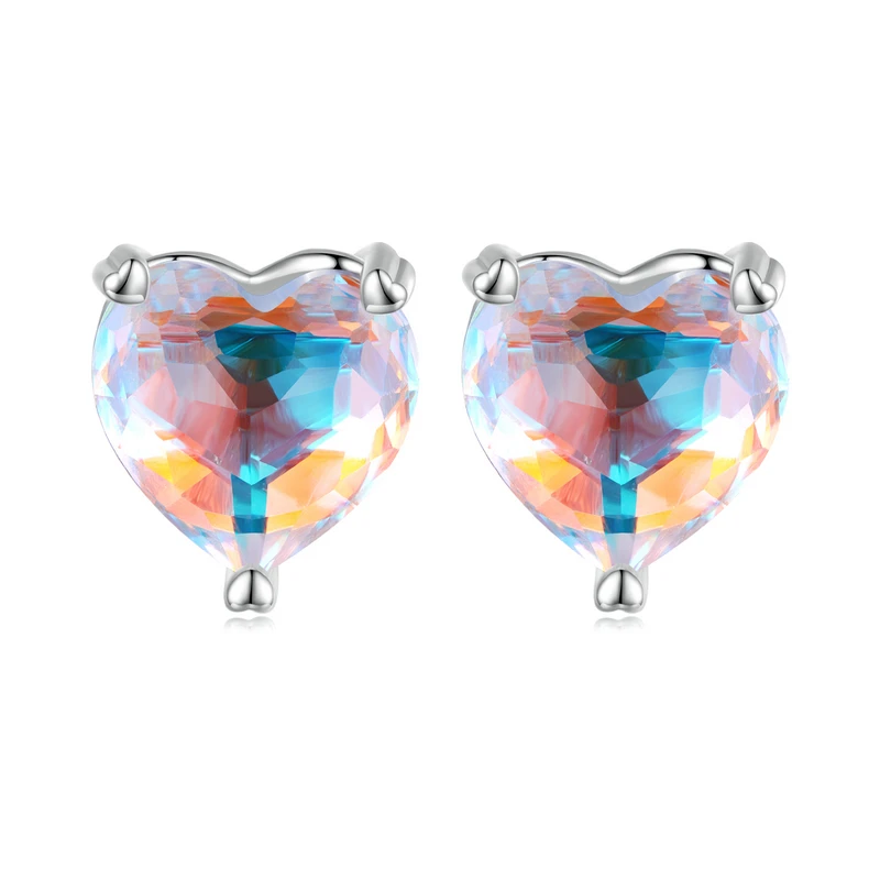 

925 Sterling Silver Rainbow Heart Stud Earrings For Women Lovely Colorful CZ Ear Studs Girl Wedding Party Jewelry Gift