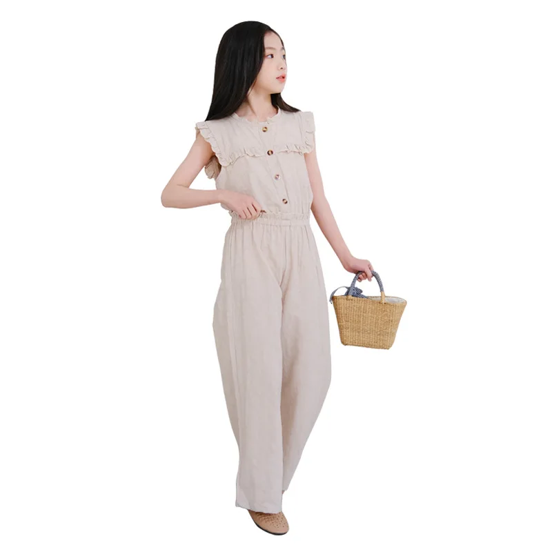 

2022 Summer Teenage Girls Ruffles Jumpsuit Children Loose Wide Leg Overalls Long Pant Korean Kids Casual Solid Playsuits 8 12 15
