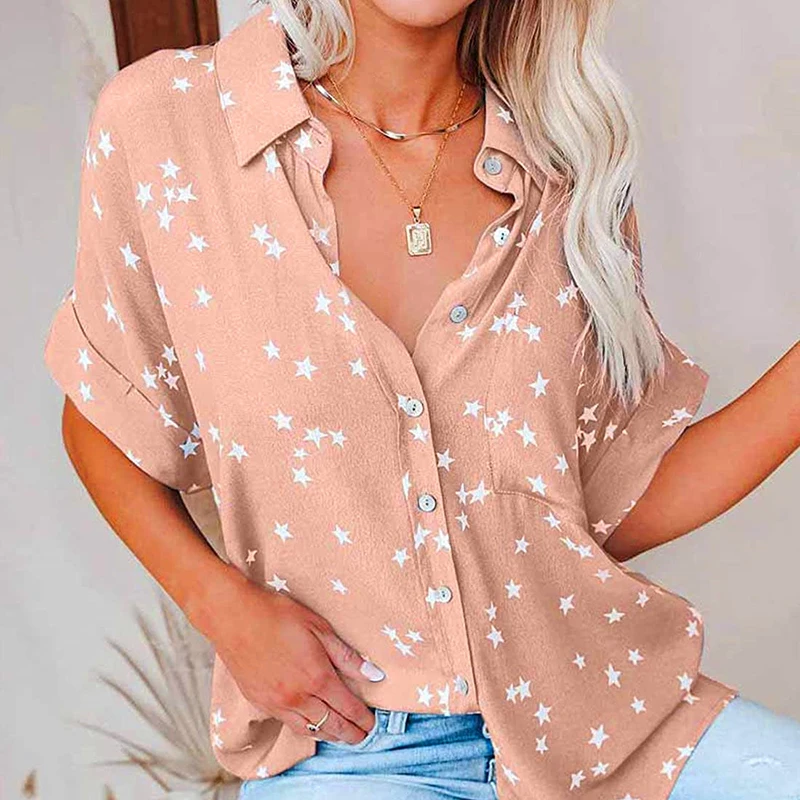 

2023 Casual Loose Summer Blouses for Women New Fashion Print V-neck Button Shirts Short Sleeve Tops Women Clothing Blusas 26257