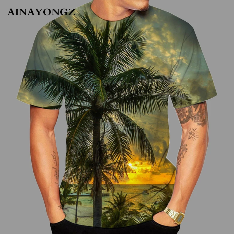Summer Popular Short Sleeve Shirts For Men Palm Tree Beach Seascape 3d Print Tees Top Lad Male Casual Fashion Oversized T Shirt