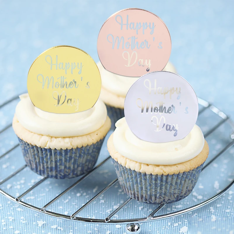 

10pcs Happy Mother's Day Round Acrylic Cake Topper Birthday Party Cake Decorating Cupcake Dessert Baking Supplies