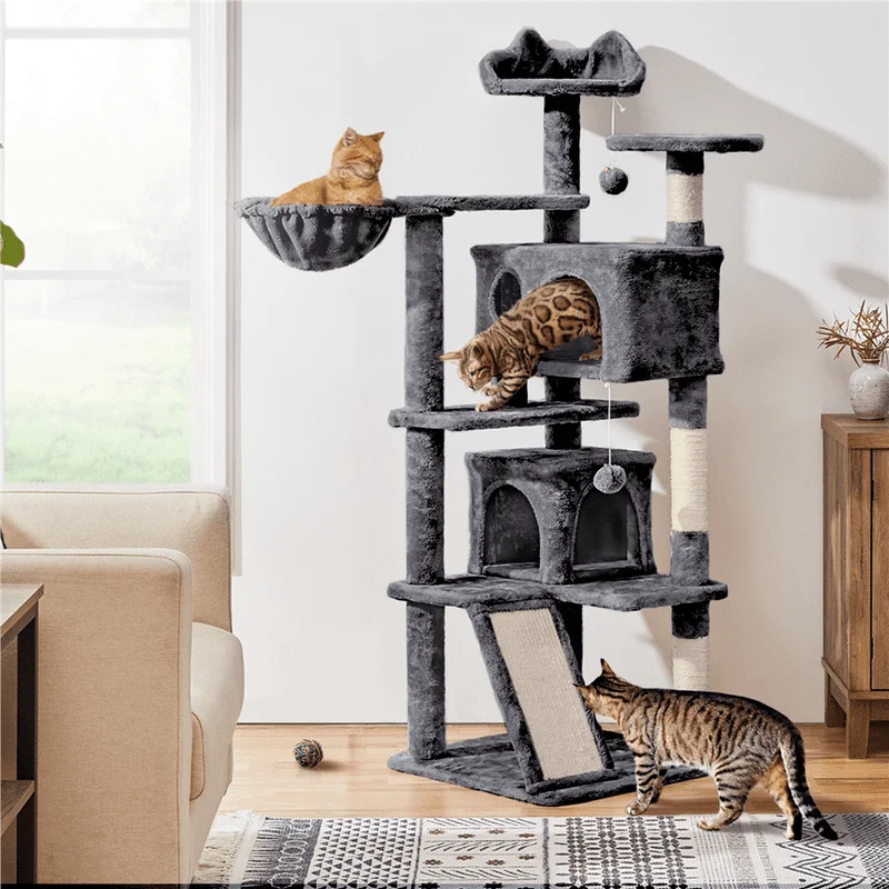 

Luxurious Dark Gray Double Condo Cat Tree with Stable Scratching Post Tower for Kittens and Cats.