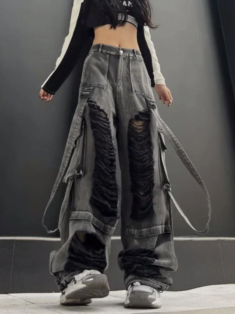 Черные рваные джинсы ADAgirl для женщин в стиле хип-хоп Y2k винтажные мешковатые