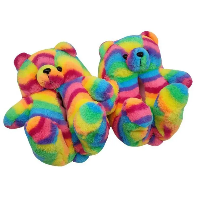 

Rainbow slippers with teddy bear house shoes warm winter bear teddy slipper womens home fluffy animal slippers fur closed Heel