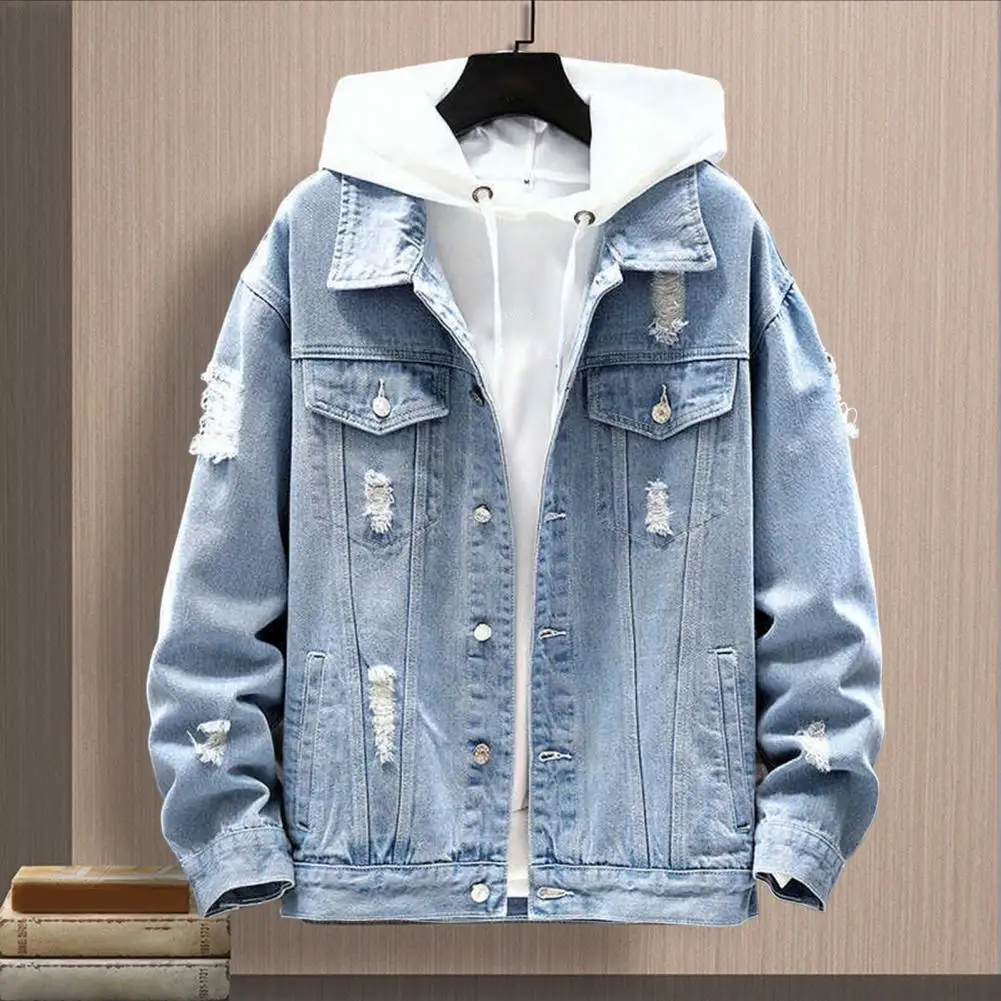 

Men Jeans Jacket Stylish Super Soft Ripped Loose Turndown Collar Denim Jacket for School Men Denim Coat Men Sports Jacket
