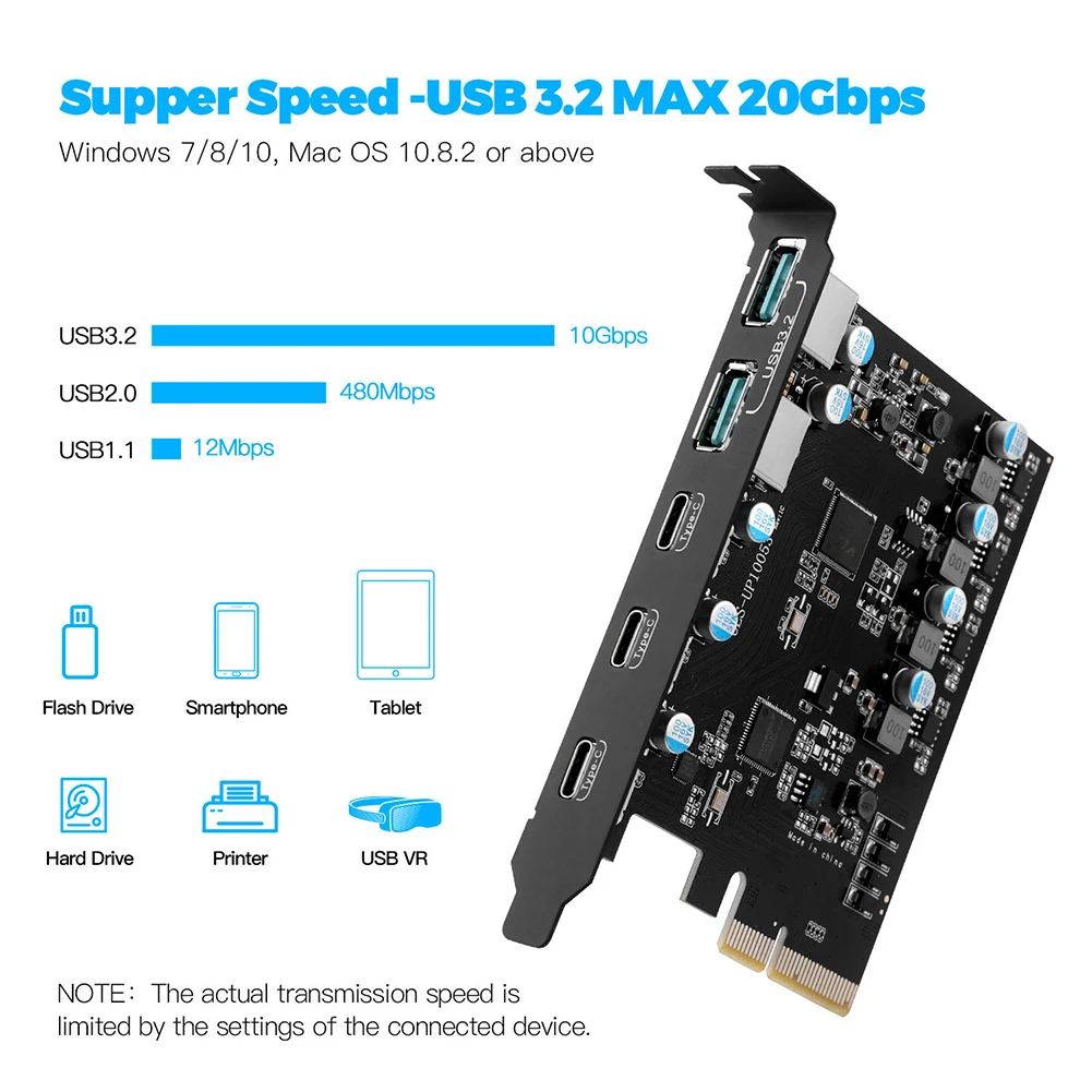 

PCIe X4 To USB 3.2 Expansion Add on Card 20Gbps Adapter 3x USB3.2 and 2x TPYC-C for Windows 7/8/10 (32/64 Bit) Mac OS 10.8.2