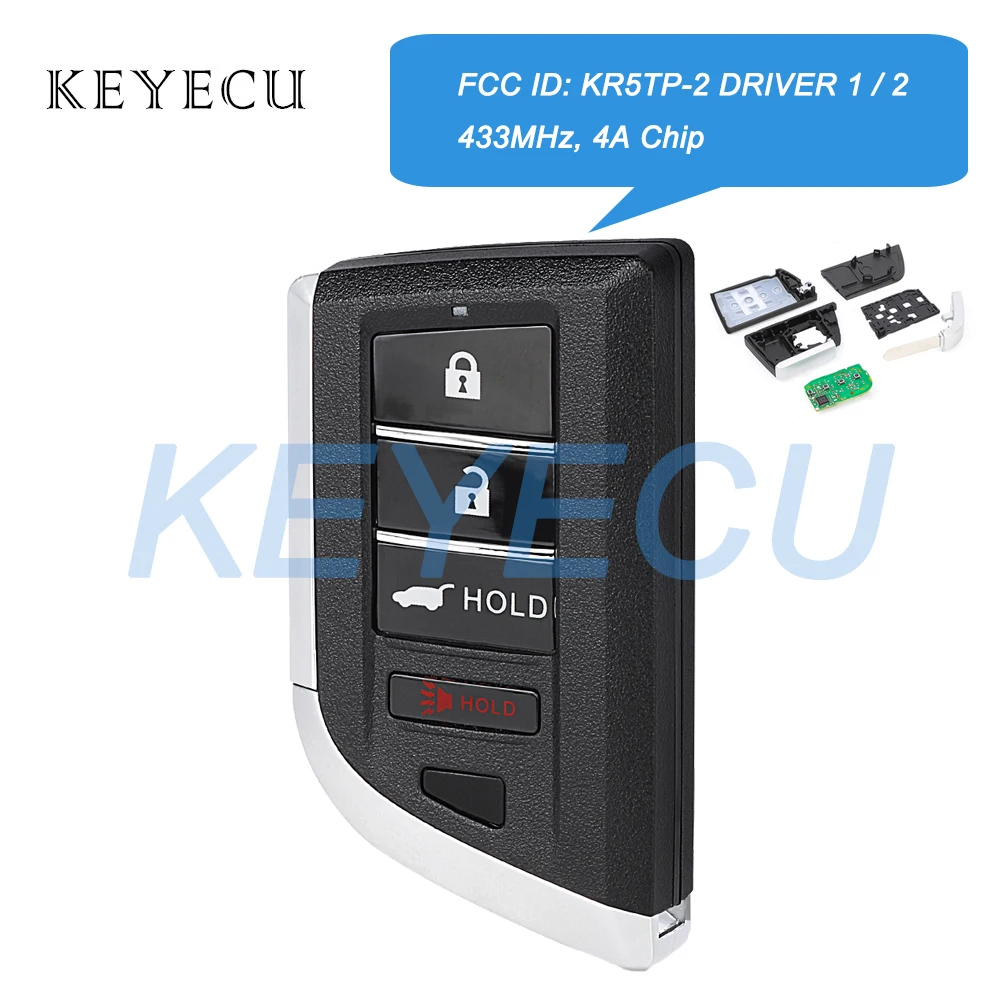 Keyecu FCC ID: KR5TP-2 Driver 1 2 для Acura RDX MDX 2022 2023 2024 4 кнопки Smart Remote Автомобильный брелок 433 МГц