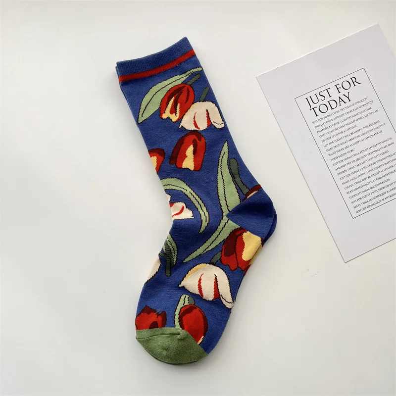 Модные женские носки с цветочным принтом зимние и весенние хлопковые защитой от