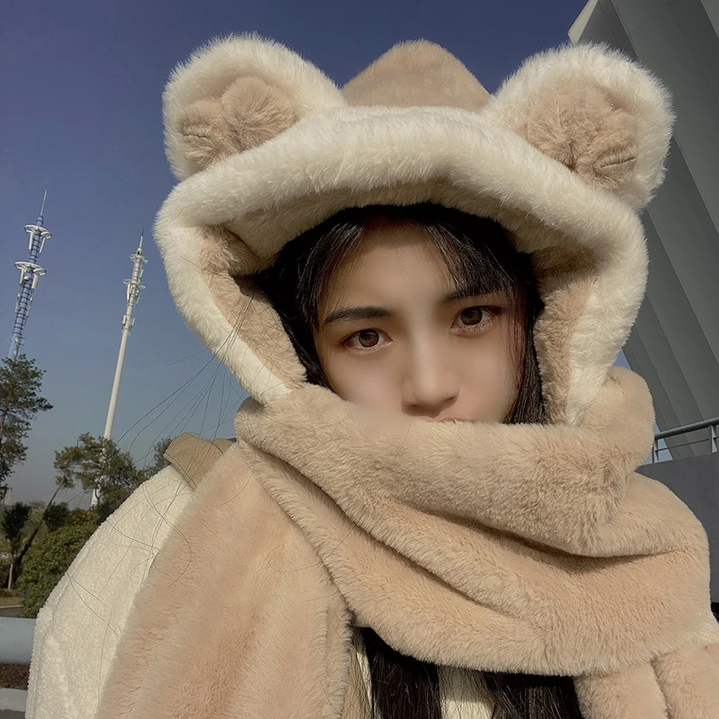 

2022 New Fashion Three-piece Suit Imitation Rabbit Fur Soft Comfor Thick Winter Warm Cute Bear Ear Hat Bib Lei Feng Hat Women