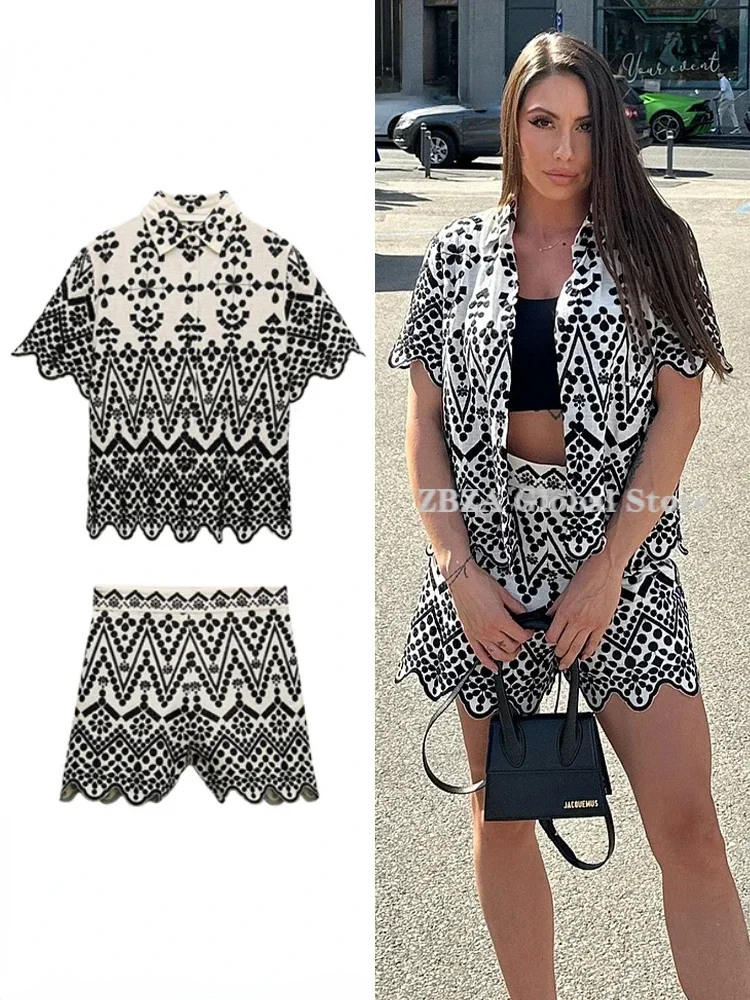 ZBZA Женский короткий комплект с вышивкой повседневный из льна и вискозы
