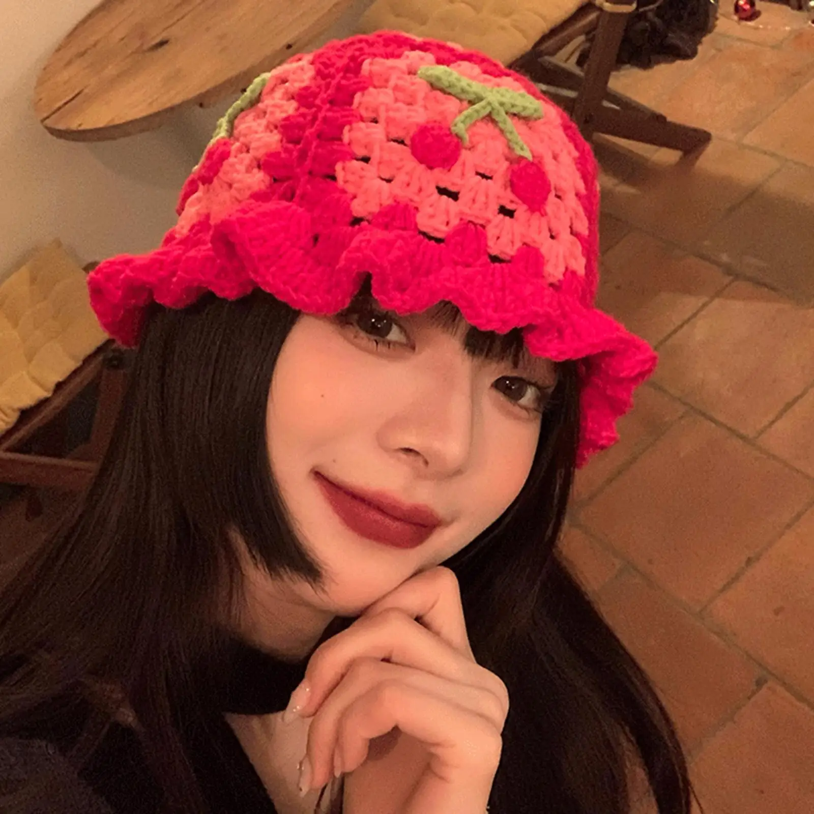 

Hollow Cherry Hat Knitted Embroidered Photo Props Soft Fruit Fisherman Hat Handmade Red for Beach Women