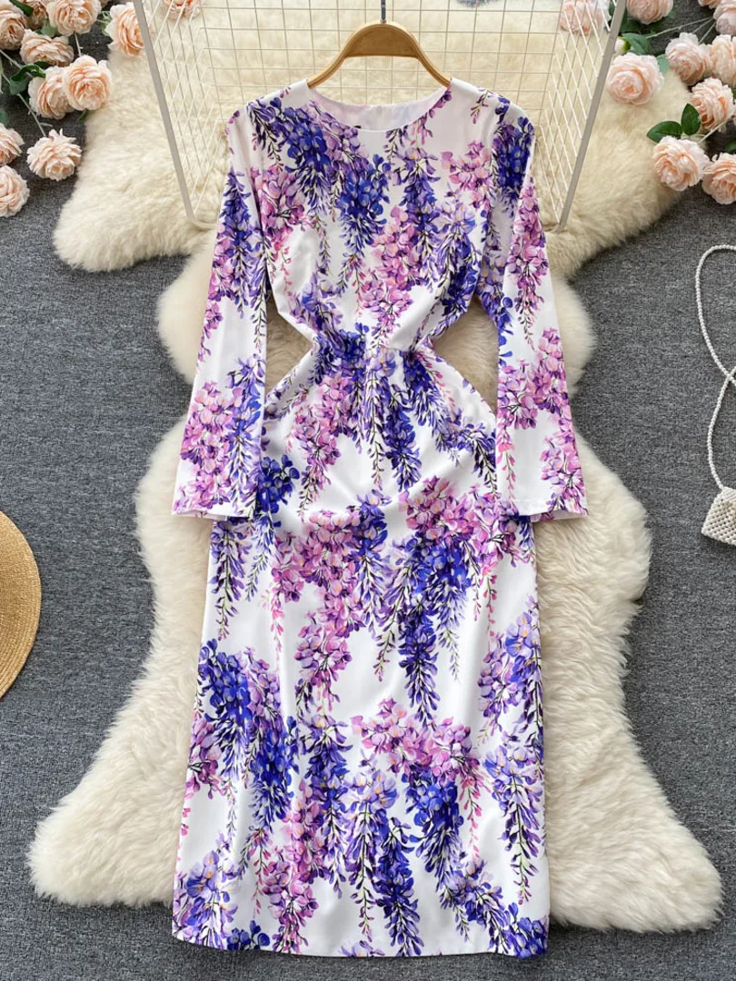 

Vintage Floral Print Dress French Style O-neck Long Sleeve High Waist Midi Back Split Elegant Work Party Dress Women 2022 Summer