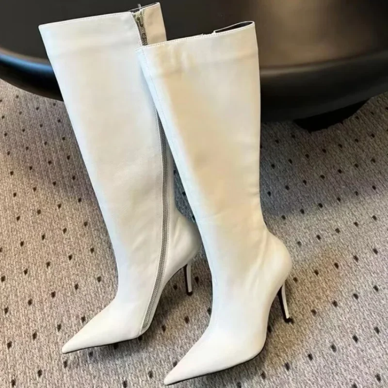 Современные сапоги до колена с острым носком и боковой молнией пикантные модные