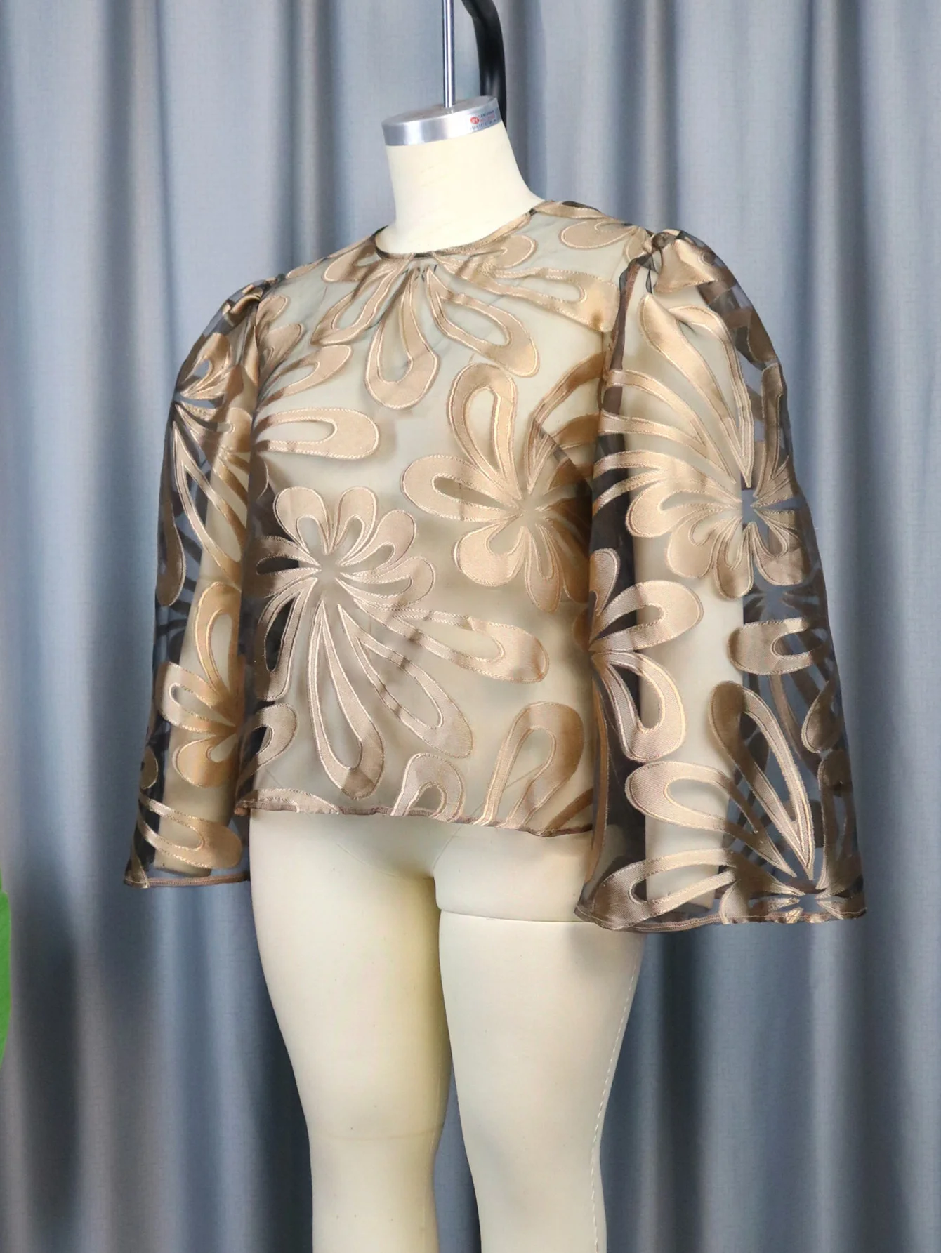 Plus Size New Sexy Perspective Gold Plated Round Neck Long Sleeve Elegant Top Fashion Shoulder Loose Women's Top New 2023