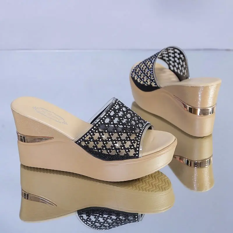 2023 Summer Ladies High Heel Sandals For Famele Summer Peep Toe Lace Mesh Wedge Heels Sandal Women Shoes Indoor Slippers