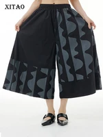 xitao asymmetrical printing pants fashion casual all match wide leg large size elastic waist loose new arrival women wmd6261