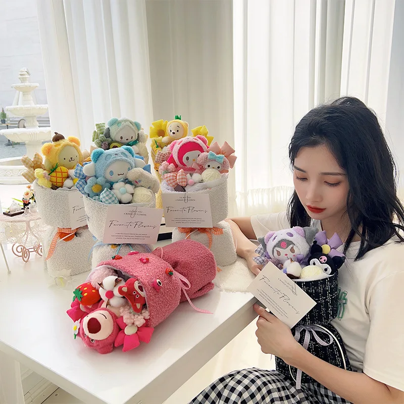 

Sanrio Kuromi Cinnamoroll MyMelody Pompompurin Hello Kitty Kawaii Cartoon Doll Cute Bouquet Anime Girl Valentine's Birthday Gift