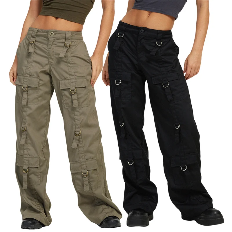 

Women Casual Cargo Pants, Solid Color Low Waist Zipper Closure Loose Straight-Leg Trousers with Multi Pockets, Army Green/Black