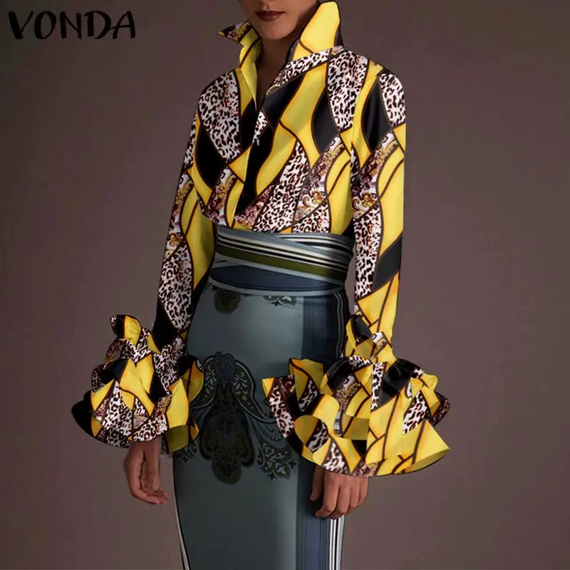 

Рубашка VONDA женская с леопардовым принтом, винтажная богемная вечерняя блузка с расклешенным рукавом, с воротником с лацканами, на пуговица...