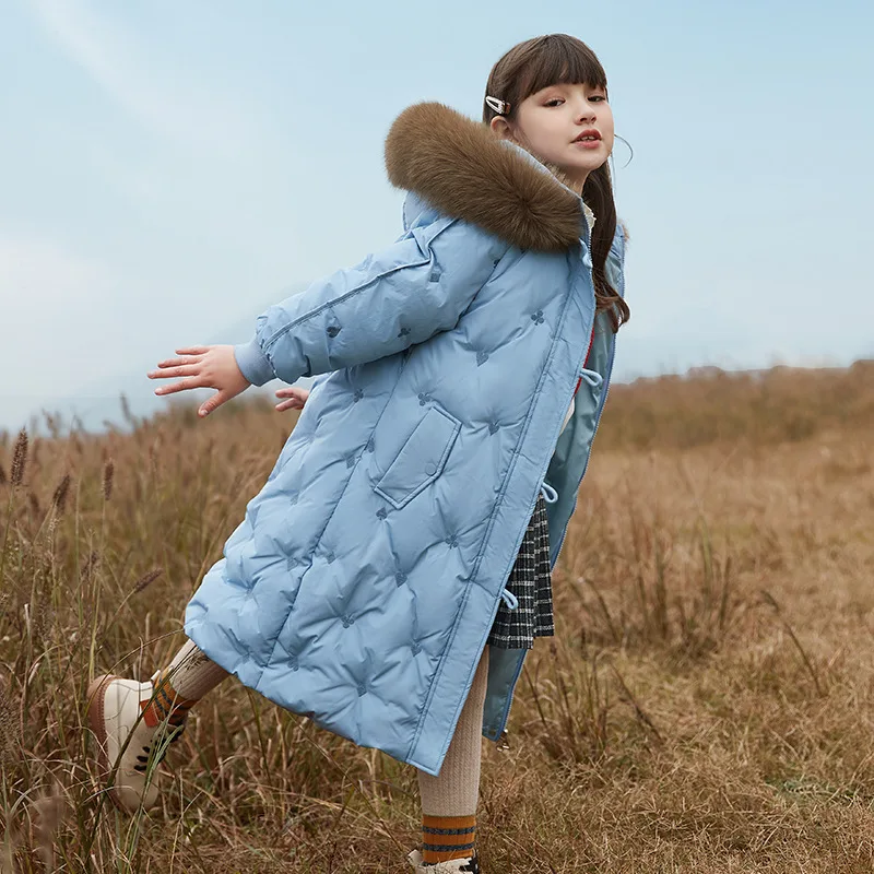 

Зимняя детская одежда на-30 градусов модное плотное пальто розового цвета для девочек теплый длинный пуховик для девочек. Большой меховой во...