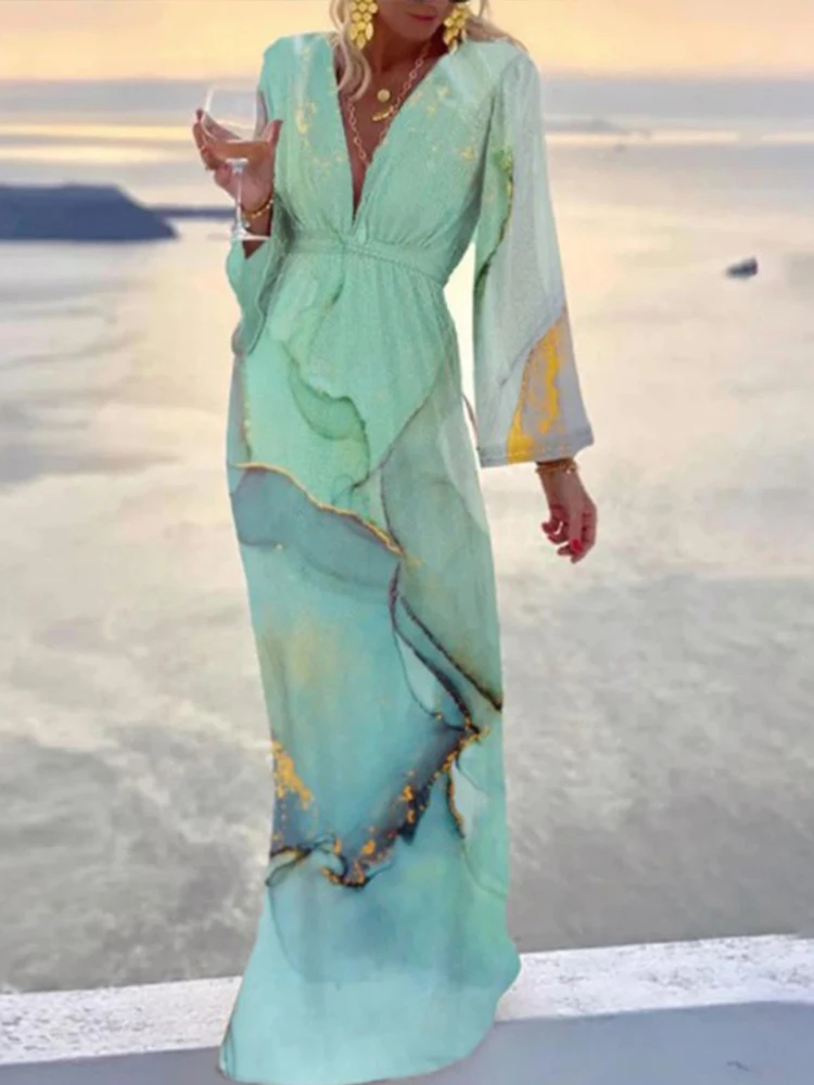 

Women Elegant Gold Print Beach Long Dress 2022 Summer Fashion V-Neck Party Dress Ladies Casual Long Sleeve Office Dress Vestido