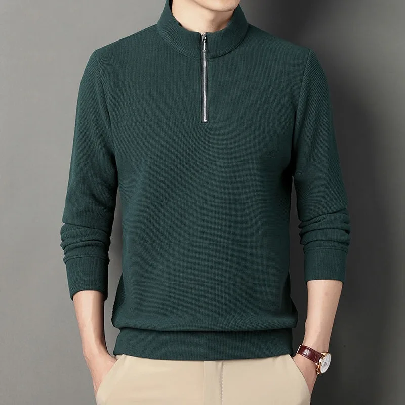 

Fashion Men Solid Cotton Long Sleeve T-shirt Koreon Vintage Spring Autumn New Half Zipper Stand Collar Pullover Casual Tops 2023