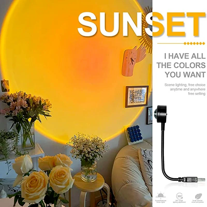

Mini USB Sunset Lamp 7 Colors Night Light 360 Degree Rotation Atmosphere Light for Car Bedroom Phone Party Selfie Photo Decor