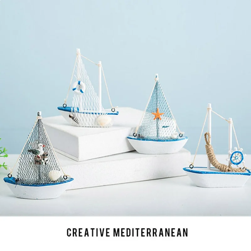 

1pc Mini Mediterranean Style Marine Nautical Wooden Blue Sailing Boat Ship Wood Crafts Ornaments Navy Party Room Home Decoration