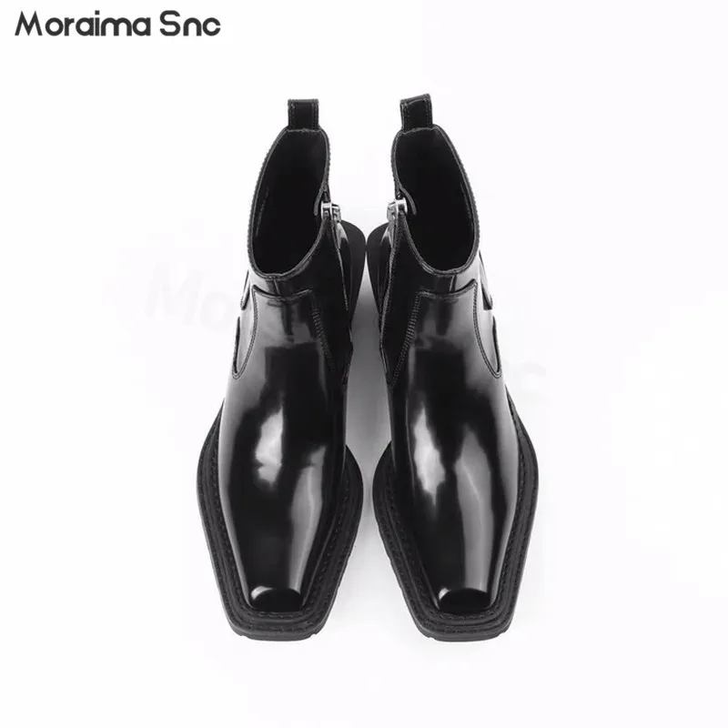 Black Handsome Thick Heel Square Head Leather Ankle Boots Design Sense Side Zipper Short Tube Chelsea Boots Large Size Boots