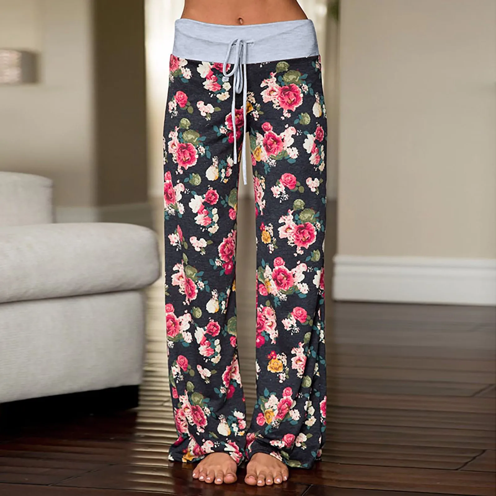 

Women's Comfy Casual Pajama Pants Floral Print Drawstring Red Sweatpants with White Stripe Crinkle Pants Women Casual Pant Suit