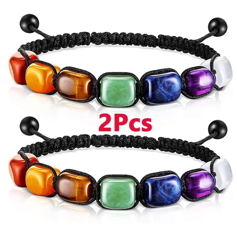 

2Pcs 7 Chakra Reiki Healing Crystal Stretch Bracelets Gemstone Yoga Bracelets Adjust Braided Rope Bead Bracelet for Women Girls