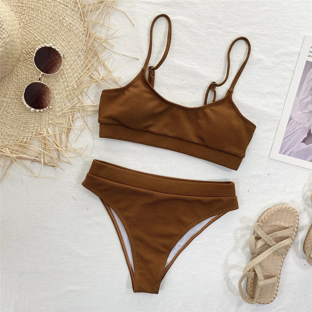 Коричневый ребристый сексуальный купальник-бандо с высокой талией комплект