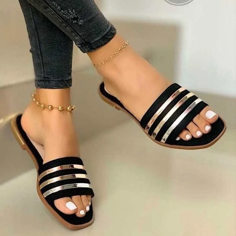 

2023 New Shoes for Women Basic Women's Slippers Summer Outdoor Slippers Women Bling Gold Flat Sandals Zapatillas De Mujer