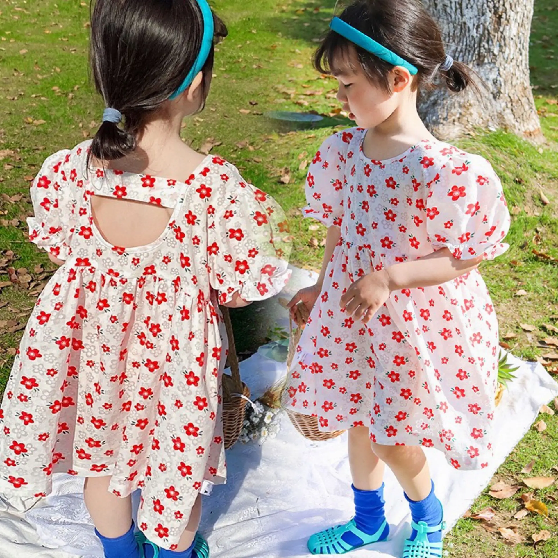 TILAMEHO New Floral Summer Dress for Girls Flower Puff Sleeve Dresses 2022 Cute Baby Kids Cotton Blend Princess Causal Costume