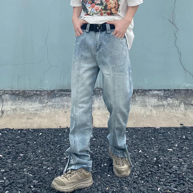 

High Street Ripped Retro Ankle Button and Zipper Washed Denim Trousers Mens Straight Spliced Hip Hop Harajuku Loose Jeans Pants