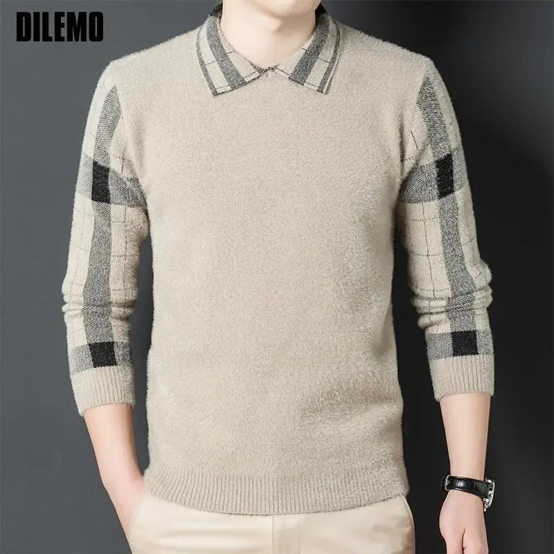 

Высококачественный дизайнерский роскошный брендовый вязаный корейский пуловер с имитацией норки, с отворотом, мужской свитер, повседневны...