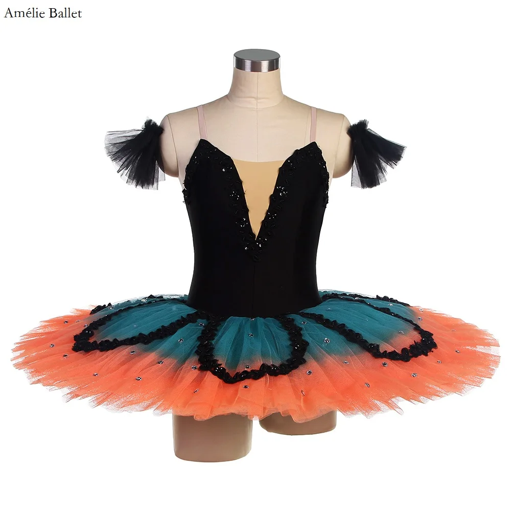 

BLL547 Black Velvet Top Bodice with Green & Orange Tulle Ballet Tutus Pancake Tutu Girls & Women Ballet Costume Dancewear