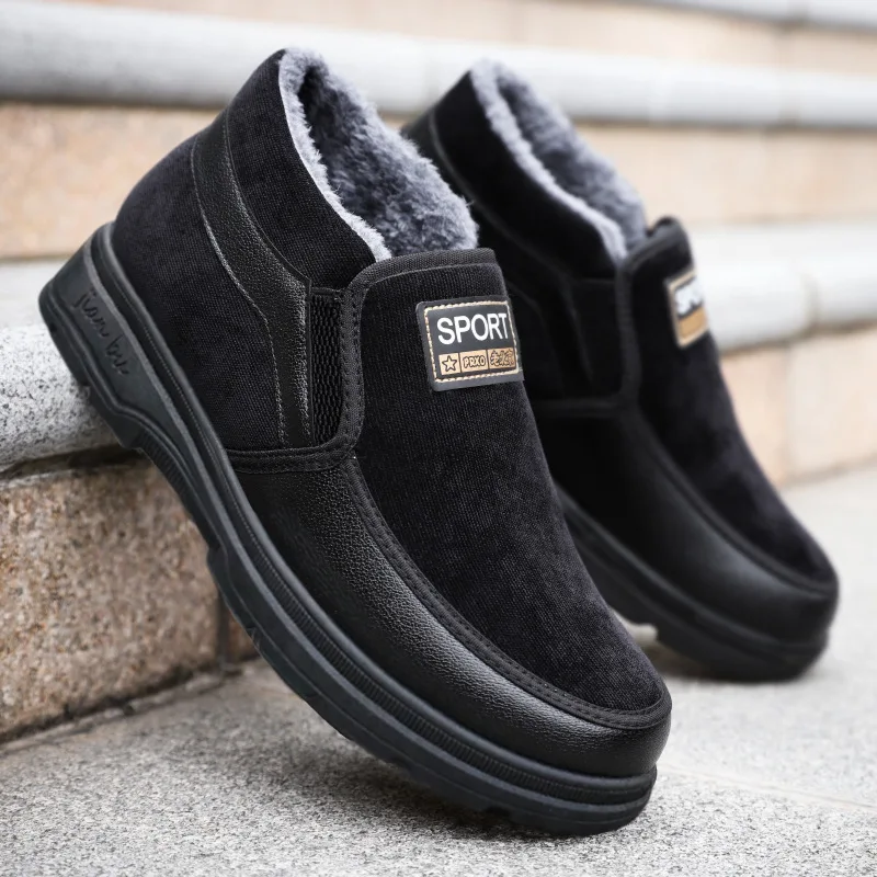 

Men Leather Shoes Round Solid Color PVC Flat Heel Plus Velvet Soft Bottom Slip Waterproof Wear Resistant Men Shoes